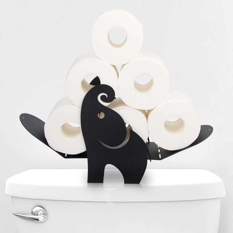 Elephant Toilet Paper Holder – Whimsical Bathroom Decor for Toilet Tank Top, Funny Black Metal Freestanding Storage for 7 Rolls, Unique Novelty Gag Gift Elephant