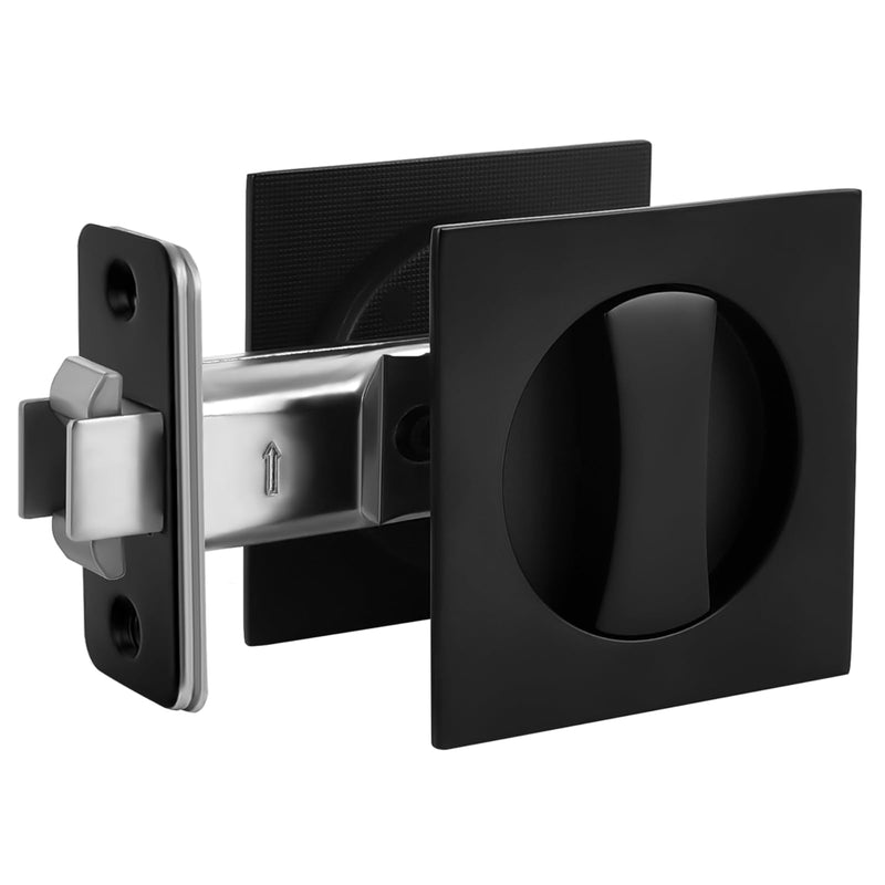 Matte Black Pocket Door Lock Zinc Alloy Pocket Door Latch, Double-Sided Sliding Door Handle Invisible Keyless Flush Pocket Door Hardware for Privacy Sliding Door, 2-3/8" Backset (Square) Square