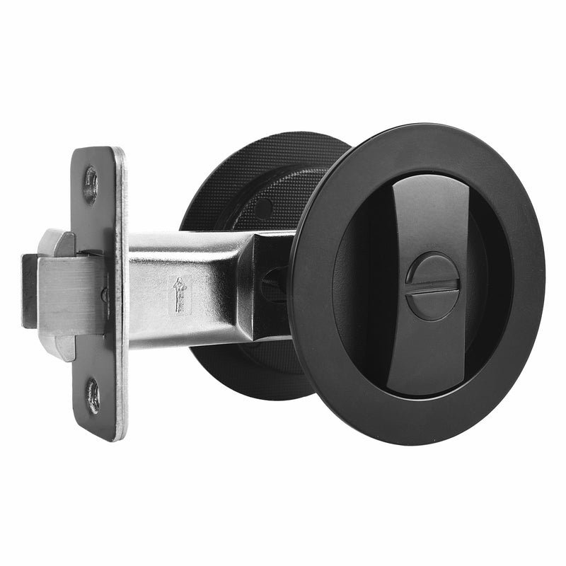 Matte Black Pocket Door Lock Zinc Alloy Pocket Door Latch, Double-Sided Sliding Door Handle Invisible Keyless Flush Pocket Door Hardware for Privacy Sliding Door, 2-3/8" Backset (Round) Round