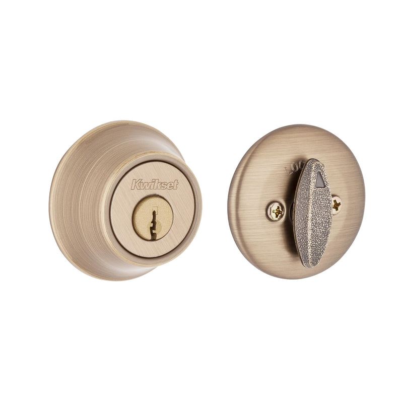 Kwikset 660 Deadbolt Lock, Antique Brass Round Exterior Keyed Front Entry Door, Single Cylinder Dead Bolt