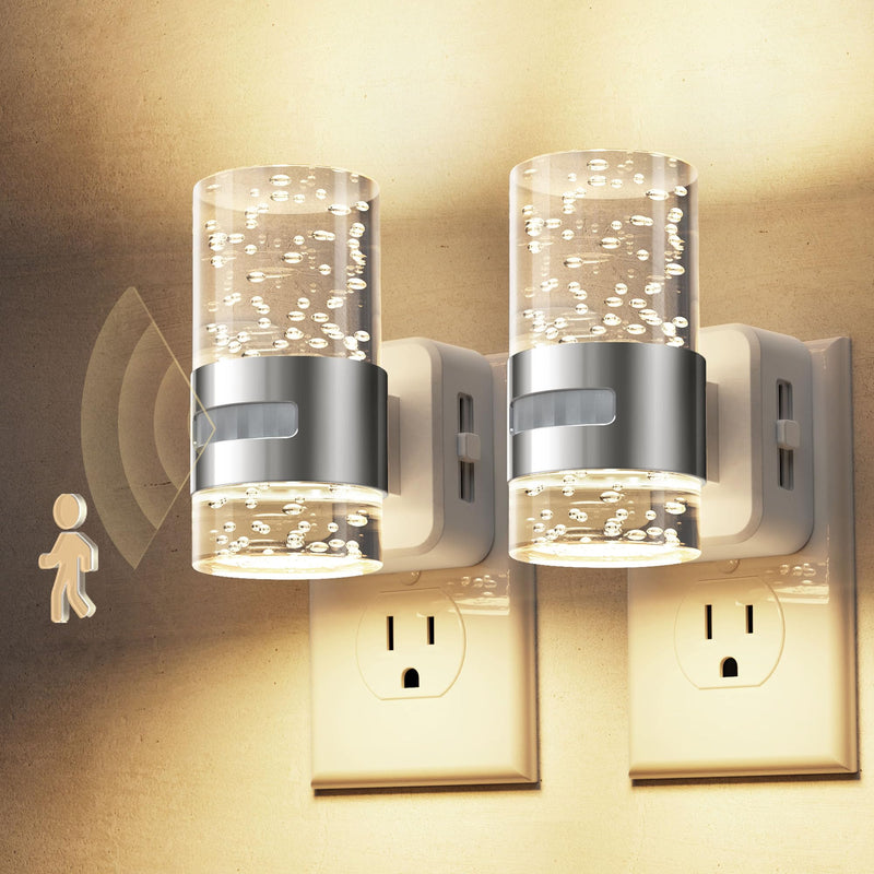 L LOHAS LED Motion Sensor Night Light,Dimmable Night Lights Plug into Wall, 2 Pack 3000K Night-Lights with 0-100 LM Adjustable, Acrylic Bubble Plug in Nightlight for Bathroom Hallway Nursery Sliver-motion sensor