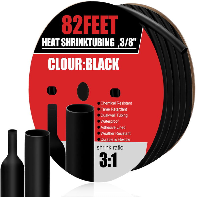 1 Pcs Heat Shrink Tubing, 3: 1 Ratio Dual Wall Adhesive Lined, Marine Grade Waterproof, Insulated Sealed for Industrial/Automotive Cable Repair(3/8'' (9.5mm)-82ft,Black) 3/8''(9.5mm)-82ft Black