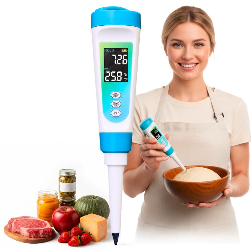 Digital pH Meter for Food - Professional pH Tester with Spear Probe for Sourdough, Fermentation, Hot Sauce, Canning, Cheese, Salami, Kimchi, Kombucha - Water-Resistant Kit with pH Calibration Powders Blue