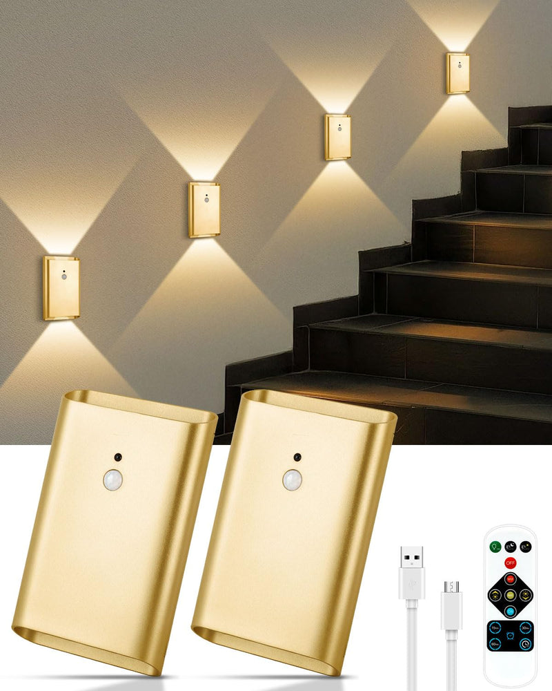 Rechargeable Motion Sensor Wall Sconce Set of 2 – 5000mAh Wireless Battery Operated Wall Light Indoor,3 Colors Up/Down Lighting Magnetic Night Light with Remote Control for Bedroom,Hallway (Gold) Gold 2 Pack