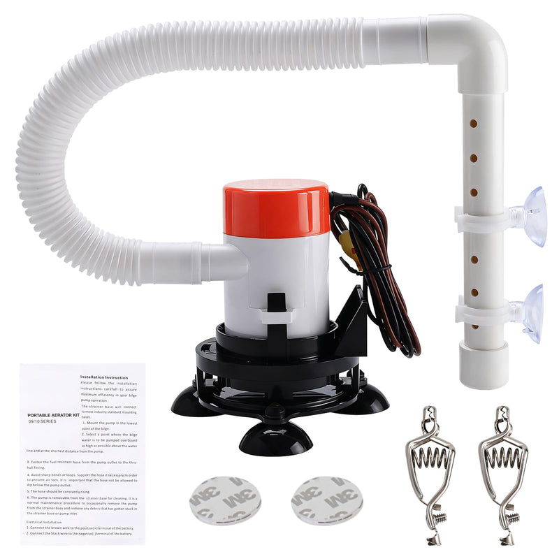 YaeMarine 12V 350 GPH Portable Livewell Aerator Pump Kit for Boats Baitwell | 12V DC submersible aerator pump, keeps bait oxygenated, ideal for boats, coolers, ice chests on fishing trips