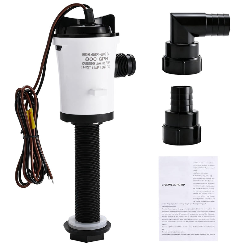 YaeMarine 12V DC 800 GPH Straight Baitwell Livewell Aerator Pump Live Bait Tank Aerator Livewell Pump Submersible Cartridge Boat Bilge Pump