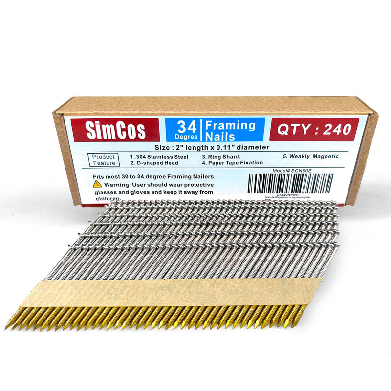 34-30 Degree 2 Inch Ring Shank Paper Framing Nails,240-Pack | 304 Stainless Steel D Head Tape Strip Nails for 30 to 34 degree Framing Nailer,fits indoor and outdoor building projects 2" -- 240 PCS