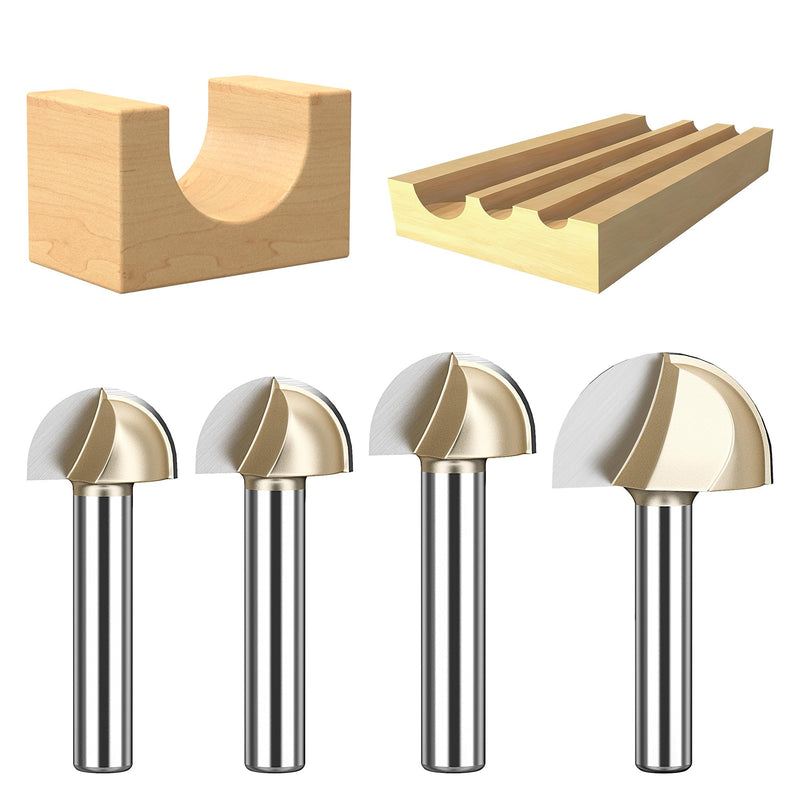 HUHAO 4Pcs Cove Box Round Nose Router Bit Set 1/4 Inch Shank, Solid Carbide Double Flute Cove Box Router Bit,5/8", 3/4", 7/8", 1" Cutting Diameter, for DIY, Woodworking Project 4pc