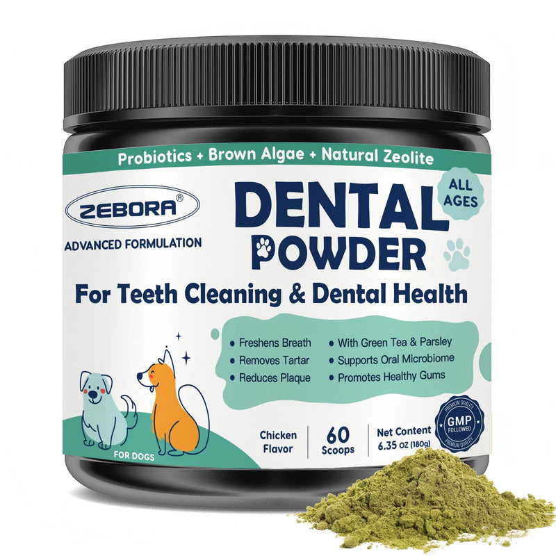 ZEBORA Dog Teeth Cleaning Powder - Dog Breath Freshener Dental Powder, Targets Bad Breath, Plaque Off & Tartar Remover, Natural Dental Care for Healthy Gums, 180g 60 Scoops