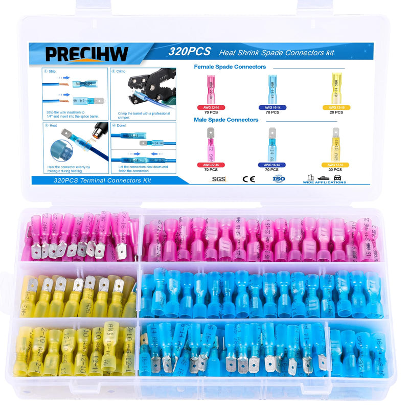320PCS Heat Shrink Disconnect Connectors kit, Male & Female Blade/Spade Wire Terminals, Quick Disconnect Crimp Wire Connectors for Marine Wiring/Electrical Projects