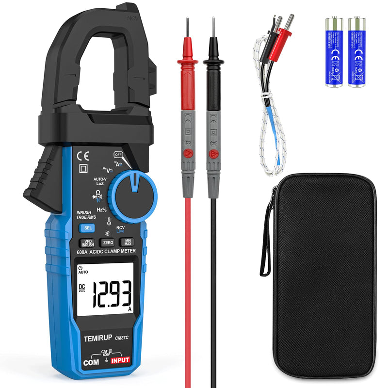 Digital Inrush Clamp Meter Multimeter, TEMIRUP T-RMS 6000 Counts 600A Current Amp Volt Meter with VFD,LOZ Mode; Measures NCV AC/DC Current Voltage Temperature Resistance Capacitance Continuity CM87C 600A AC/DC Clamp Meter