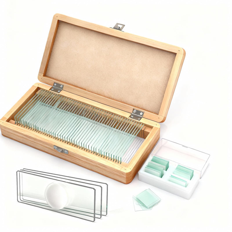 Single Concave Microscope Slides in Wooden Case - 50 Pre-Cleaned Slides with 100 Square Coverslips, Compatible with All Microscopes, Deluxe Gift Set 50 Pcs Single Concave Slides Kit