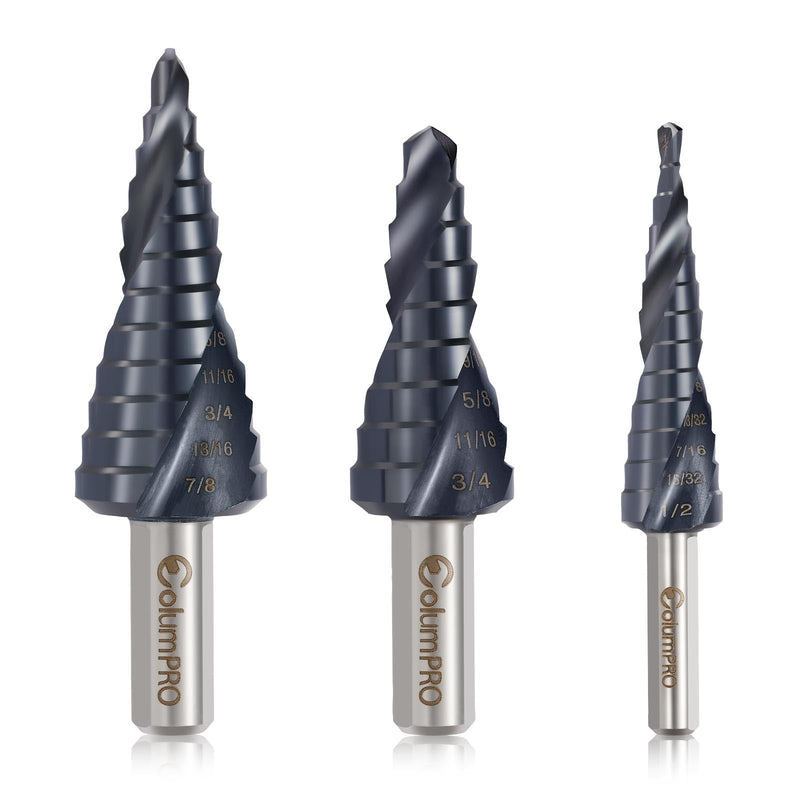 3PCS Cobalt Step Drill Bit Set for Stainless Steel & Hard Metal,M35 HSS Unibit with TiAlN Coating,Spiral Flute Design,1/8"-1/2", 1/4"-3/4", 3/16"-7/8" for Iron, Aluminum, and Alloy Drilling 3PCS-Cobalt Step Drill Bit Set (SAE)