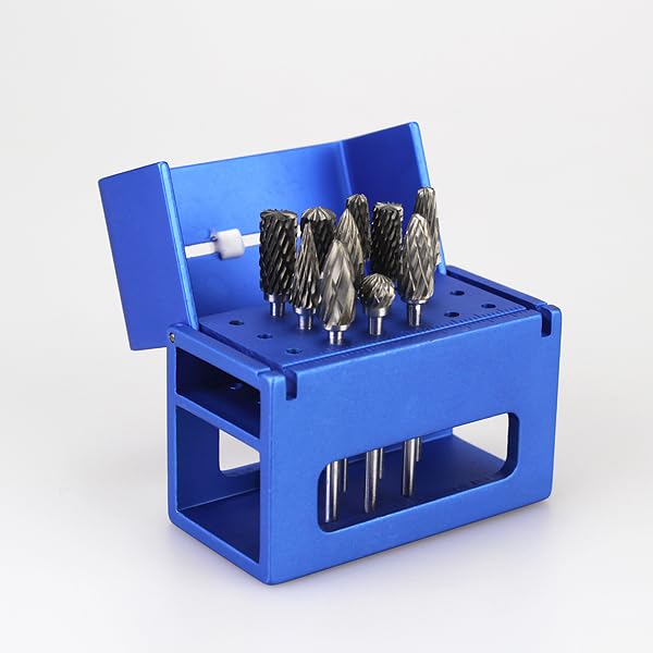 10pcs HP Cutting Burs Drill Polisher Cutter Tungsten Carbide 3/32" inch + Low Speed Burs Files Reamer Autoclavable Holder Block Case with Ruler