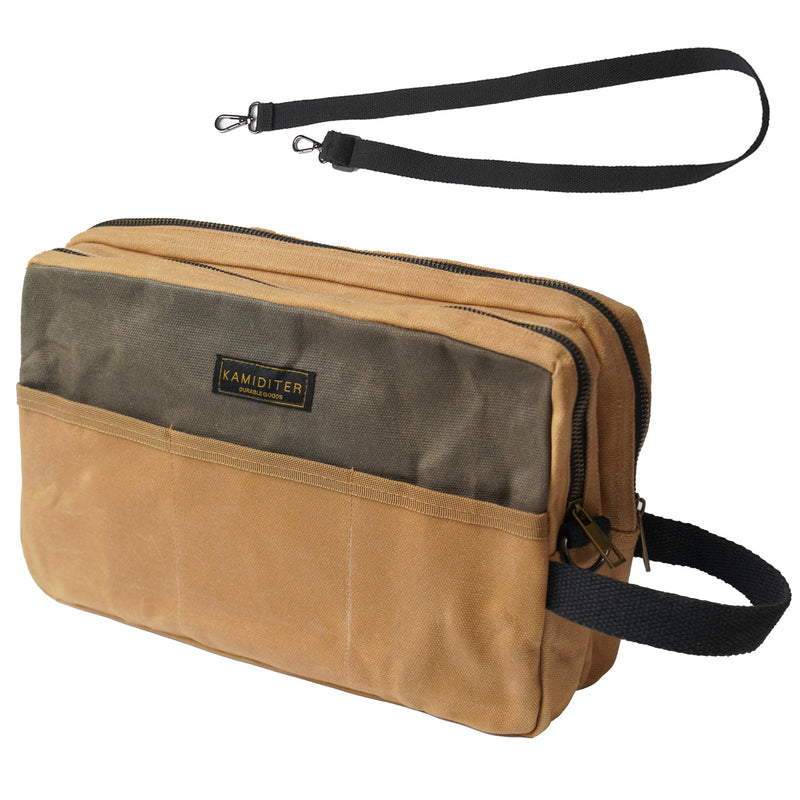 Small Tool Bag Waxed Canvas with Zipper Closure, Dual Compartments with 3 External Pockets, Handle & Adjustable Shoulder Strap 2-in-1 Convertible Pouch for Tool Organizers and Storage, Khaki