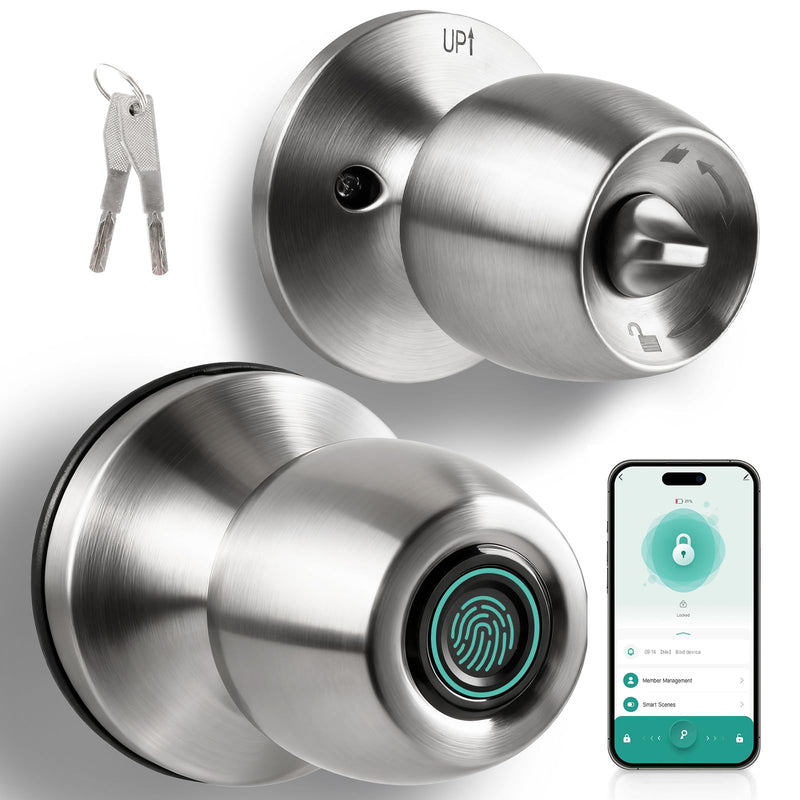 Fingerprint Smart Door Knob, Biometric Keyless Entry Door Lock with App Control & Backup Keys, Thumbprint Round Door Lock, Suitable for Home, Bedroom, Office, and Apartment Sliver