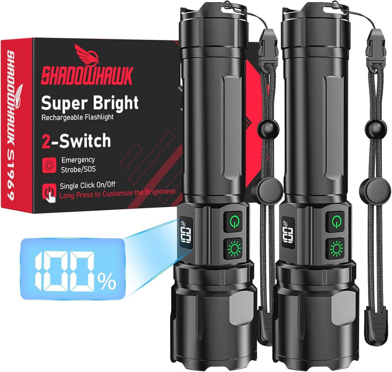 Flashlight 20000 High Lumens Rechargeable - 2 Pack 30W Super Bright LED Flash Light | 24H Long Lasting & 5000ft Beam USB C High Powered Handheld Police Flashlight for Home/Camping/Hiking/Emergency Black