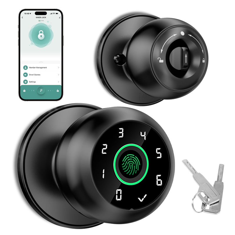 Fingerprint Door Lock，Fingerprint and Keypad Input Smart Door knob, App Controlled Biometric Door Lock, Keyless Entry, Bedroom, Office, Hotel, Apartment Auto Door knob (Black) Metallic Black