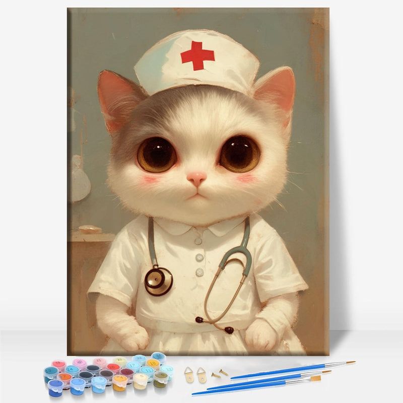 Aeontinity Nurse CAT in Scrubs with Stethoscope Occupation Framed Canvas DIY Paint by Numbers Kit Bar Cafe Cave Home Room Wall Bathroom Porch Patio Decor Gift, 16 x 12 Inch