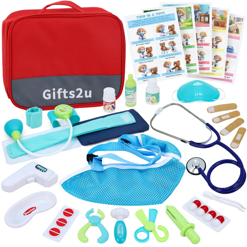 Gifts2U Kids First-Aid Kit Toy, 28-Piece Pretend Play Doctors Kit for Kids with Real Stethoscope and Storage Bag, Educational Medical Set Realistic Role Play Toy, Doctor Gift for Girls Boys Ages 3+