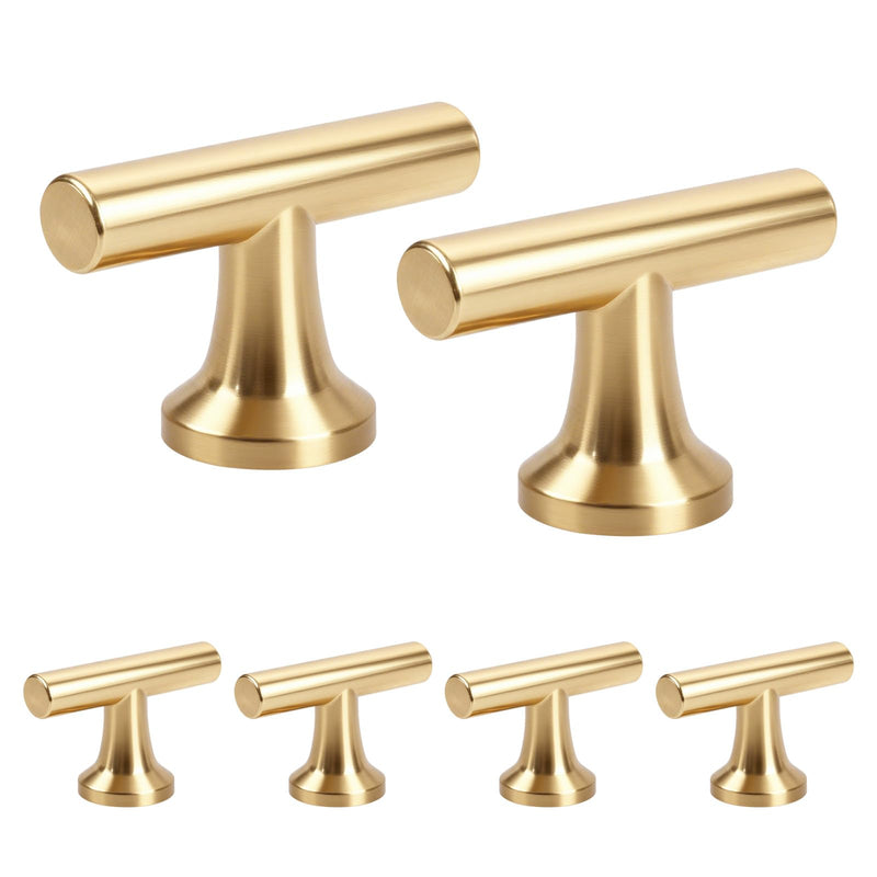 Premium Brushed Satin Gold T-Bar Drawer Pulls 6 Pack, Matte Anti-Fingerprint Solid Zinc Alloy for Kitchen, Bathroom Vanity, Dresser, Wardrobe Matte Brushed Gold