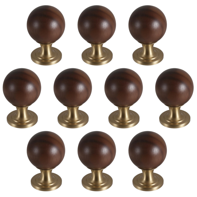 Wood & Brass Cabinet Knobs and Pulls 10 Pack - 1-3/16''(30mm) Walnut Round Gold Cabinet Knobs Hardware with Copper Base, Vintage Wooden Handle for Dresser Kitchen Cupboard Drawer Walnut Wood Ball + Solid Brass Base 30mm|1-3/16''