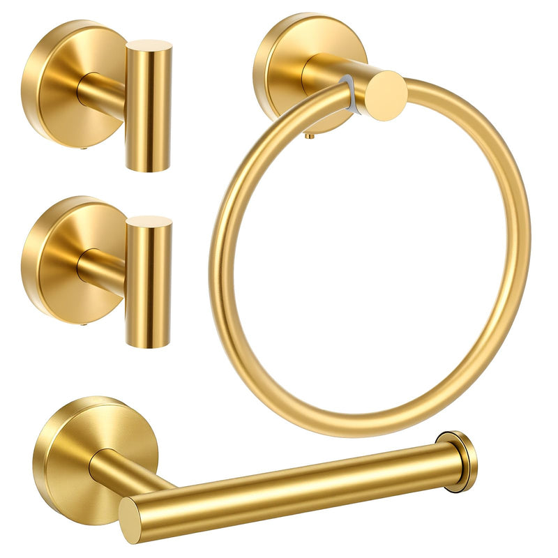 4-Piece Brushed Gold Bathroom Hardware Set, SUS304 Stainless Steel Toilet Paper Holder, Towel Ring & 2 Robe Hooks - Rustproof Wall Mounted Bathroom Accessories Kit