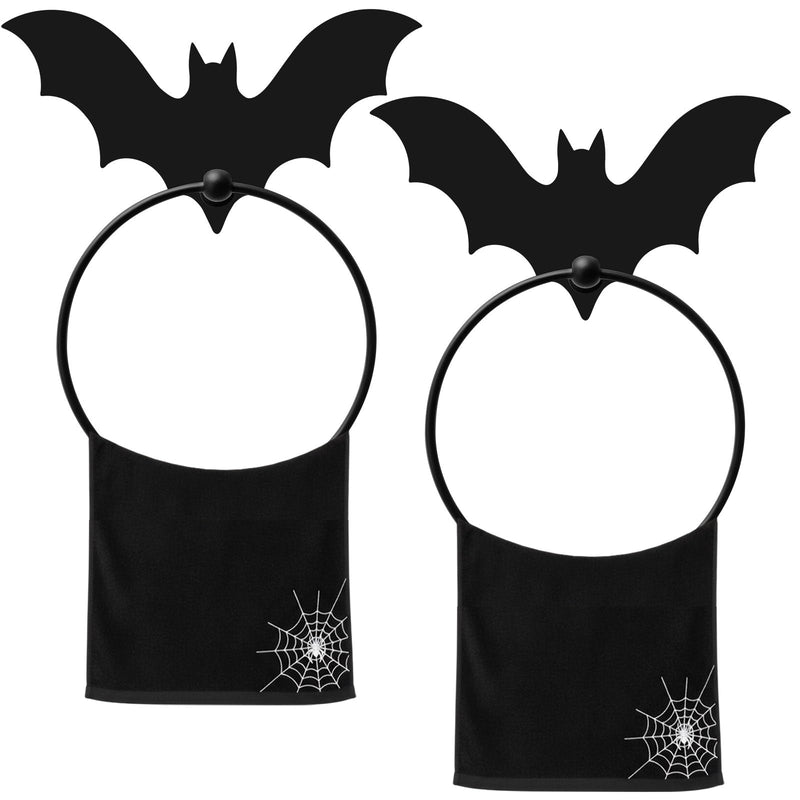2Pcs Gothic Bat Metal Towel Rings Halloween Towel Holder Oil Rubbed Bath Towels Ring Black Art Hand Towels Rack Gothic Bathroom Decor