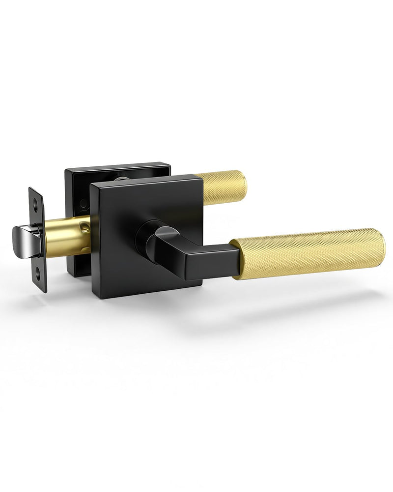KNOBWELL 1 Pack Black and Gold Door Handle Square Doorknob with Lever Inside Passage Door Handle for Hallway Closet Pantry Square Passage