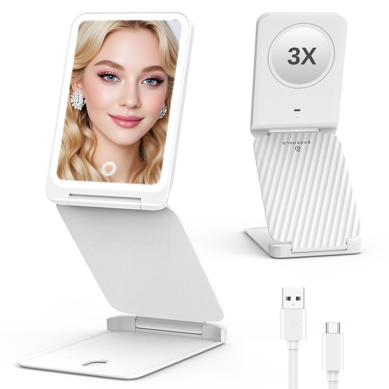 EASEHOLD Lighted Travel Makeup Mirror with 72 Light,1X/3X Magnification,Rechargeable Dimmable Touch Screen,Foldable Adjustable Height & Angle, Compact Magnifying LED Mirror for Women Teens