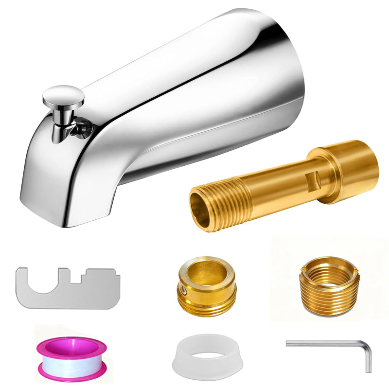 Metal Chromel Bathtub Spout with Diverter, All Metal,5.3 Inch Tub Spout, Fits 1/2" Copper Slip-On and 1/2" or 3/4" IPS Threaded Pipes, Leak-Free, Slip Fit Tub Spout with Pull-Up Diverter