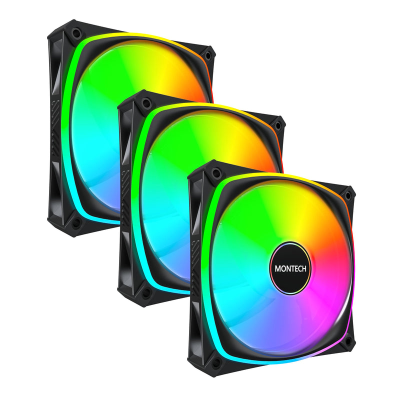 MONTECH AX120 PRO ARGB PWM 120mm Fan 3-Pack, High-End, 360° ARGB Lighting, Rifle Bearing, Quiet Low-Noise, 600–1600RPM, Fan Hub Included, Black 3x120mm, Black AX120 PRO Standard