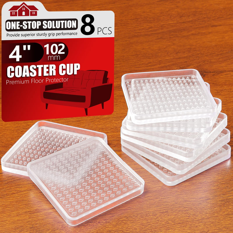 8 Pcs Clear Furniture Coaster Cups for Hardwood Floor, 4" Square Non-Slip Rubber Furniture Pads, Heavy Duty Anti-Skid Floor Protectors for Bed & Couch Leg, Odorless & Non-Staining Rubber Gripper Feet 4“-Square