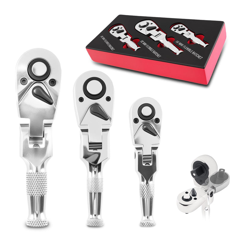maXpeedingrods 3PCS Stubby Ratchet Set, Flex-Head Stubby Ratchet Wrench Set, 1/4", 3/8", 1/2" Drive Flexible Small Ratchet, 72-Tooth Reversible 1/4 Ratchet for Car & Home Repair, DIY, Mechanic Tool