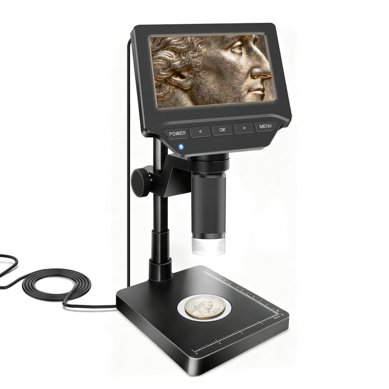 Digital Microscope,4.3" Digital Coin Microscope with Screen,with 8 Adjustable LED Lights, 1080P PC View Compatible with Windows/MacBook,Base with Adjustable Lighting