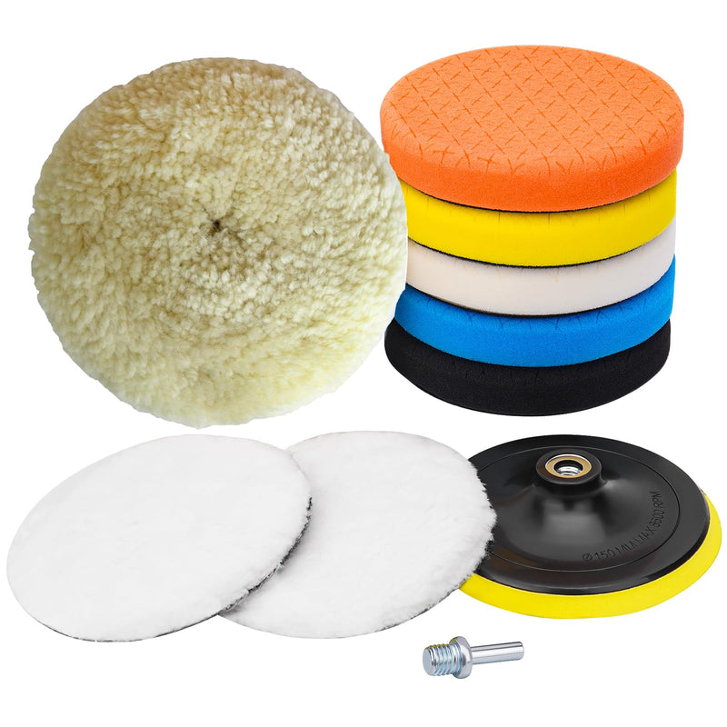 10pcs Polishing Buffing Pads for Drill - 6 Inches Car Polishing kit, Car Foam Buffing Sponge Pads Kit with M14 Drill Adapter,Wool Pads,for Body Foam Wax & Drill Buffing
