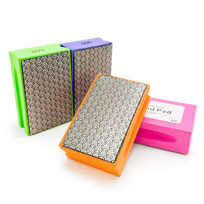 Diamond Hand Polishing Pads, 4PCS Diamond Sanding Pads with Foam Backing 60/100/200/400 Grit,Sanding Block for Glass Wood Ceramic Marble Metal Tile Tools(Wet&Dry 4 PCS