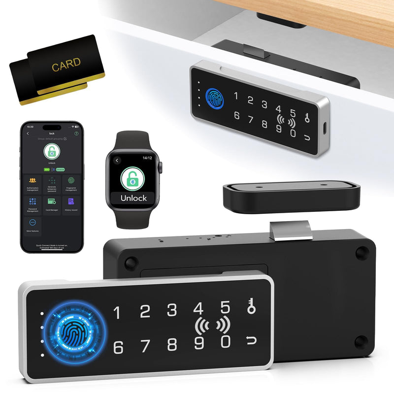 Smart RFID Fingerprint Lock - Cabinet Drawer Lock with Key Cards, Digital Electronic Biometric Bluetooth Child Safety Cabinet Code Lock Liquor File Desk Cupboard Kitchen Liquor Drawer Silver Horizontal
