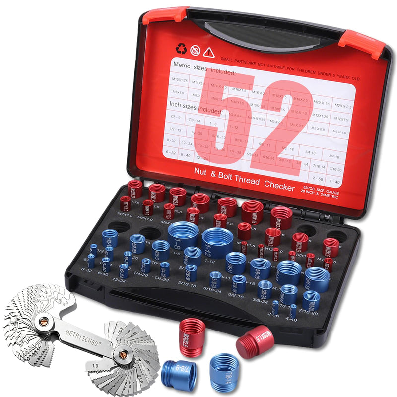 52-Piece Nut and Bolt Thread Checker + Thread Gauge Set, 28 SAE (Blue) and 24 Metric (Red) with 58-Blade Pitch Gauge, Portable Bolt Size Finder for Tight Spaces, Mechanics Repairs, and DIY Projects