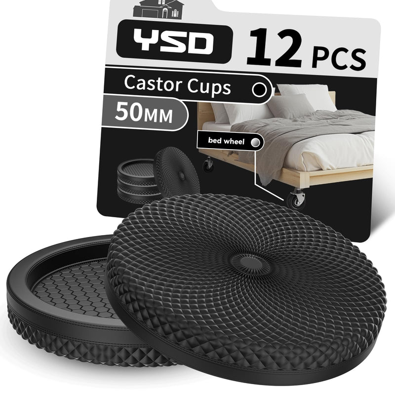YSD Non Slip Furniture Caster Cups, 12 PCS 50 MM Anti-Sliding Furniture Pads Bed Couch Stopper Floor Protectors with Grip - Black Round Furniture Coasters 50MM