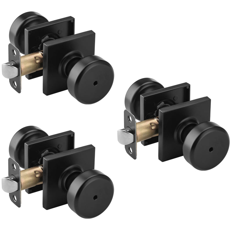 3 Pack Black Interior Door Knobs for Bathroom & Bedroom, Pismo Doorknob Turn Lock with Square Rosette, Heavy Duty Privacy Door Knob with Lock 3 Matt Black