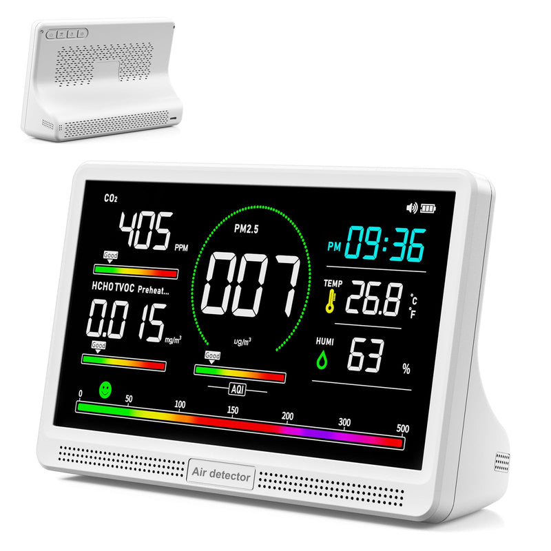 16 in 1 Air Quality Monitor Indoor 7" Display 9 AQI+7 AQI Alerts,Portable Air Quality Tester CO2, TVOC, PM2.5 PM1.0 PM10, HCHO Temperature Humidity Temp & Time Air Quality Meter for Home