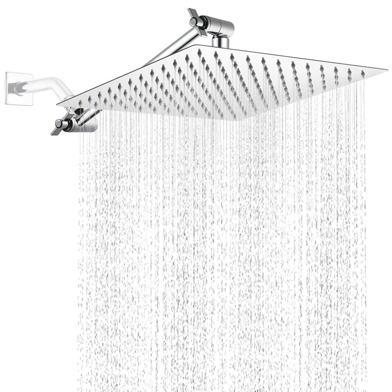 POP SANITARYWARE 12 Inch Shower Head with Adjustable Extension Arm, Stainless Steel Rainfall Showerhead with Shower Arm Extender, Waterfall fixed Showerheads, Chrome Square