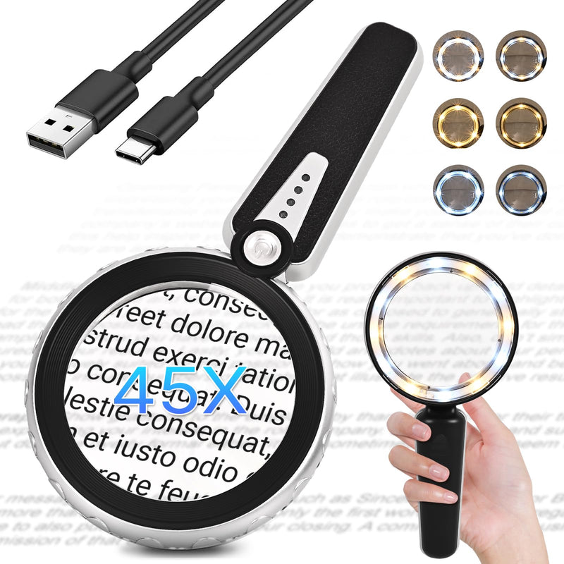 45X Magnifying Glass with Light, 4.6-Inch 1200mAh USB Rechargeable, 6 Color Modes for Low Vision Seniors, Reading, Jewelry & Coin Appraisal - Black Silver Black-silver