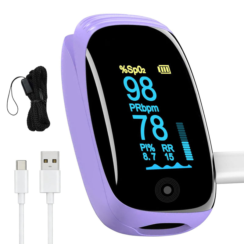 Rechargeable pulse oximeter with respiration, with SpO2 Pulse Rate and PI RR Precision Fast Oximeter SpO2 Reading Outdoor Sports Home (Purple)