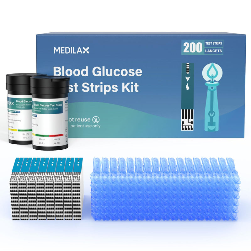 Medilax Blood Glucose Test Strips, Only for Medilax Blood Glucose Monitor | 200 Counts Blood Sugar Test Strips + 200 Counts Lancets, Testing Kit for Diabetes, High Accuracy & Fast Results