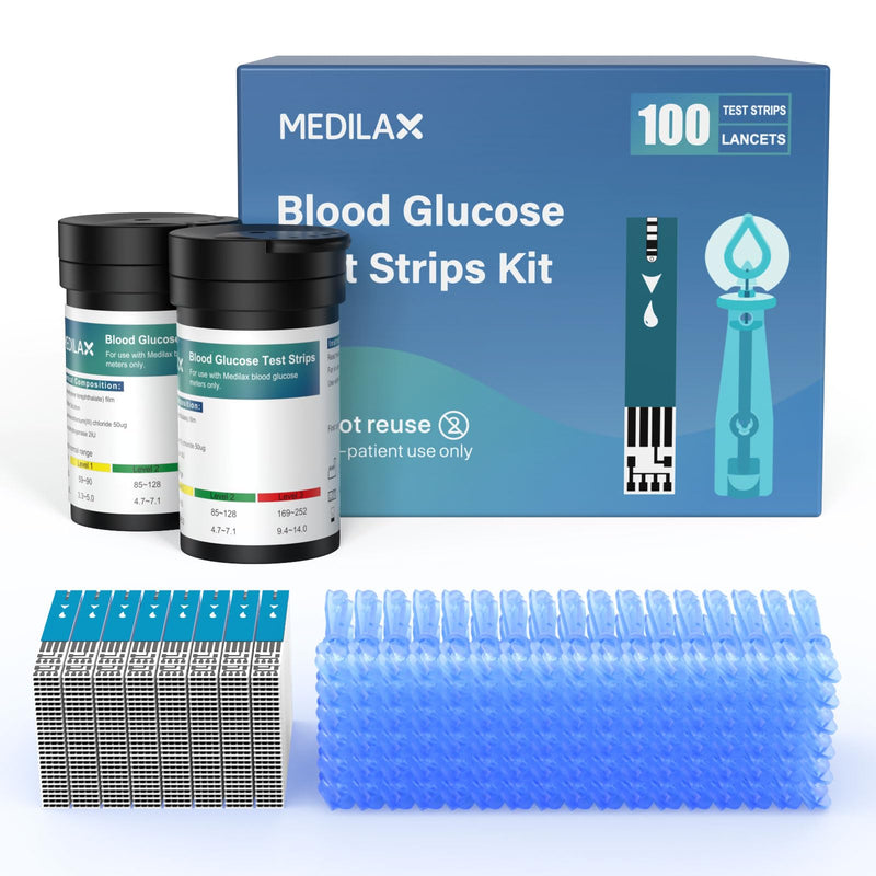 Medilax Blood Glucose Test Strips, Only for Medilax Blood Glucose Monitor | 100 Counts Blood Sugar Test Strips + 100 Counts Lancets, Testing Kit for Diabetes, High Accuracy & Fast Results