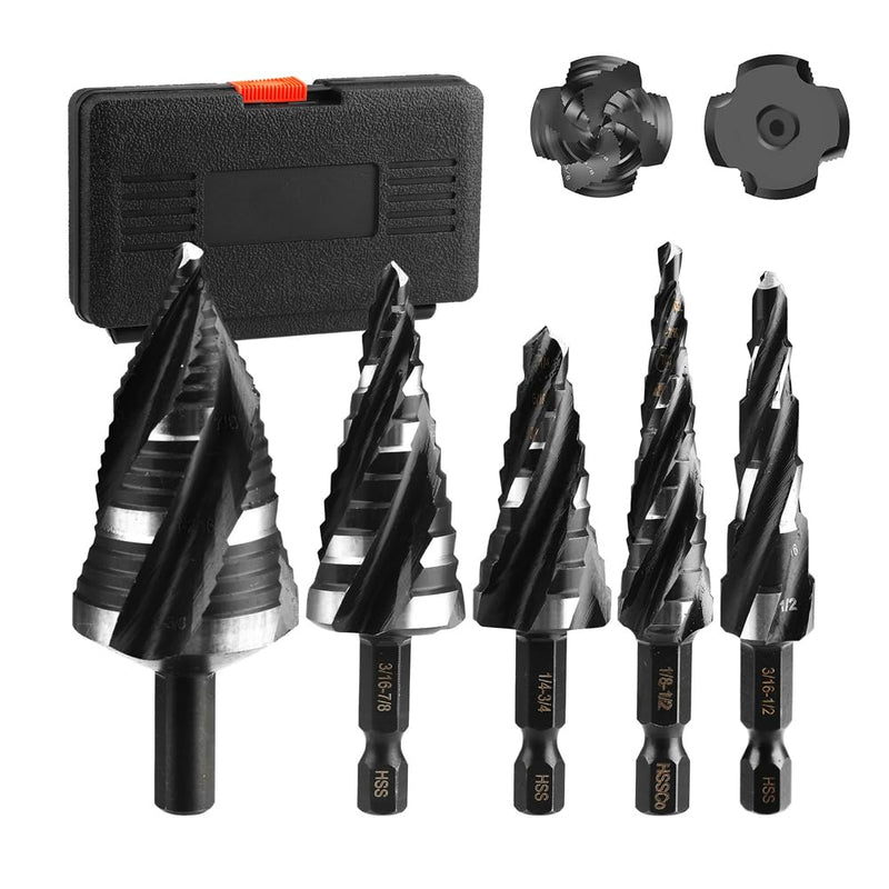 Four Spiral Flute Step Drill Bit Set Step Bits for Hole Drilling in Stainless Steel Aluminum Wood Plastic, 1/8"-1-3/8" 5PCS High-Speed Steel Unibit Step Bits with 1/4" and 3/8" Hex Shank