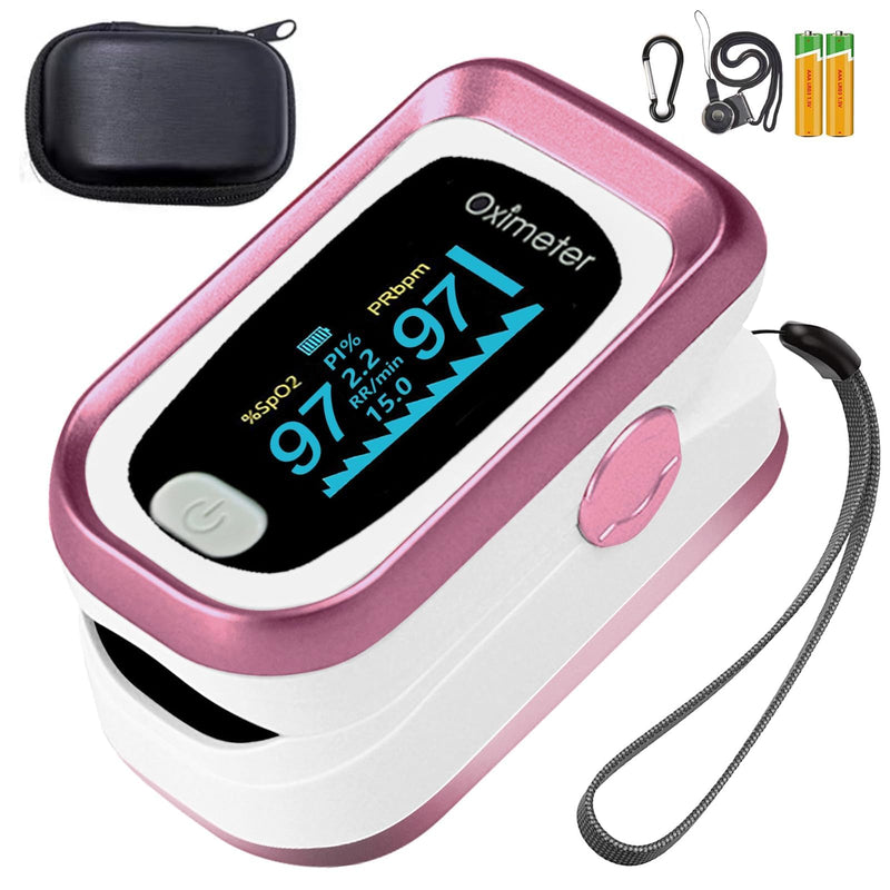 Fingertip Pulse Oximeter With Respiration Counter, Alarm, and 4 Data Display Oxygen Moniter- Includes Batteries, Carry Bag, and Lanyard