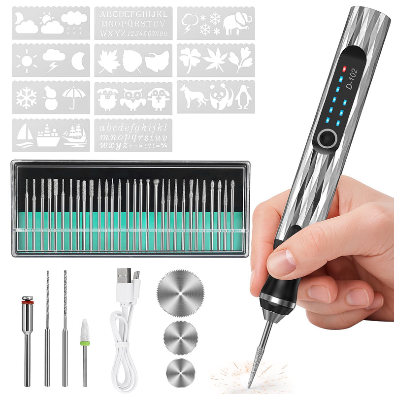Upgraded Electric Engraving Pen with 37 Bits & 3-Speed Adjust,USB Rechargeable,Rotary Tool for 50+ Surfaces - Professional & Beginner Friendly, Portable for DIY Crafts,Personalization & Gifts Silver